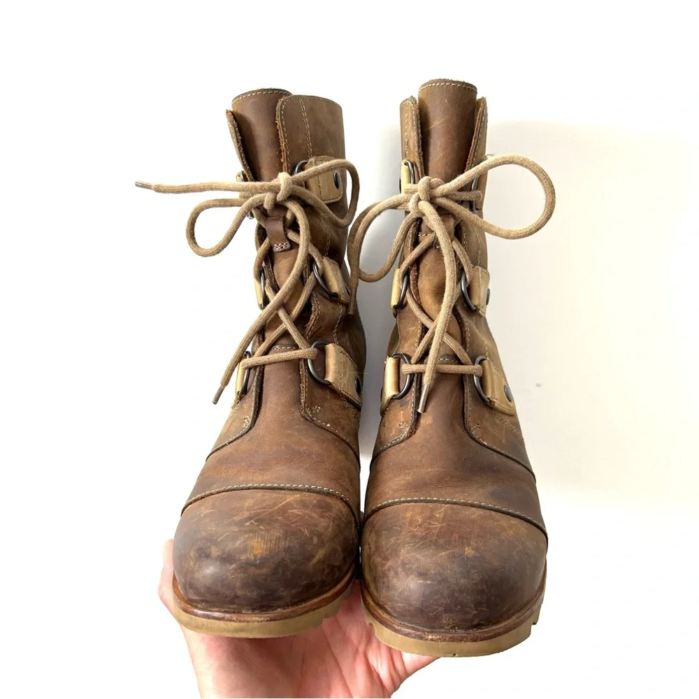 Sorel Joan of Arctic Wedge Mid Brown Distressed Genuine Leather Waterproof Boots